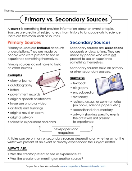 Both Primary & Secondary Sources - Primary vs. Secondary Sources Anchor Chart (Printable PDF Worksheet)