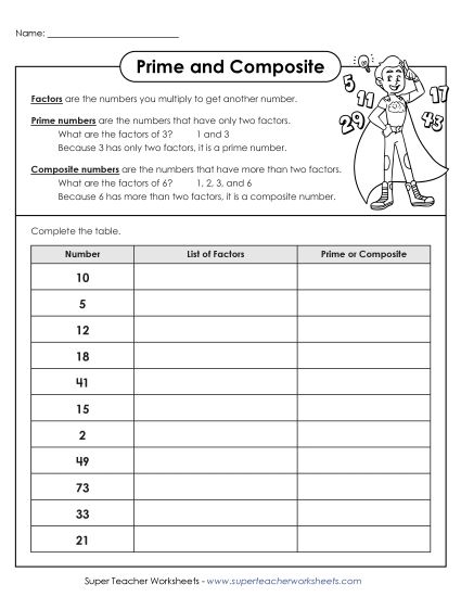 Prime & Composite - Prime & Composite Number Table (Printable PDF Worksheet)