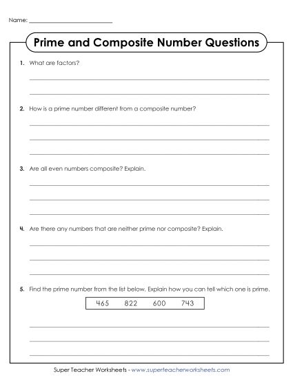 Prime Numbers - Prime & Composite Questions (Printable PDF Worksheet)