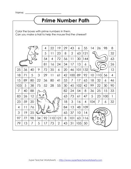 Prime Numbers - Prime Number Mouse Trail (Printable PDF Worksheet)