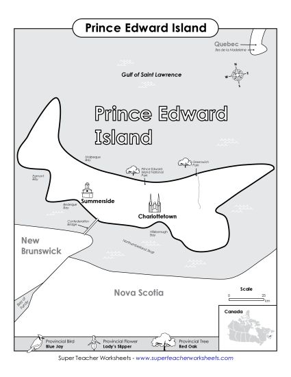 Maps - Prince Edward Island Map (Black & White) (Printable PDF Worksheet)