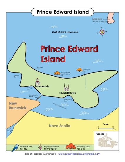 Maps - Prince Edward Island Map (Full Colour) (Printable PDF Worksheet)