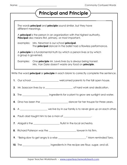 Principal and Principle  (Printable PDF Worksheet)