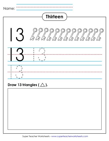 Number Thirteen - Print, Trace, Draw: Thirteen (Printable PDF Worksheet)