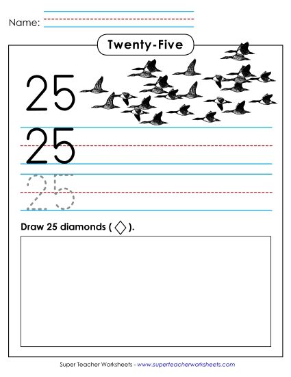 Twenty-Five - Print, Trace, Write: 25 (Printable PDF Worksheet)