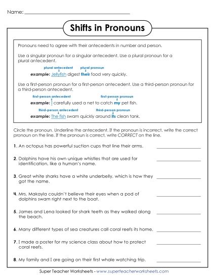 Pronouns and Antecedents - Pronoun-Antecedent Agreement: Identifying Shifts (Printable PDF Worksheet)
