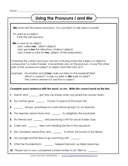 Pronouns <i>I</i> and <i>Me</i> - Pronoun Practice: I and Me (Intermediate Level) (Printable PDF Worksheet)