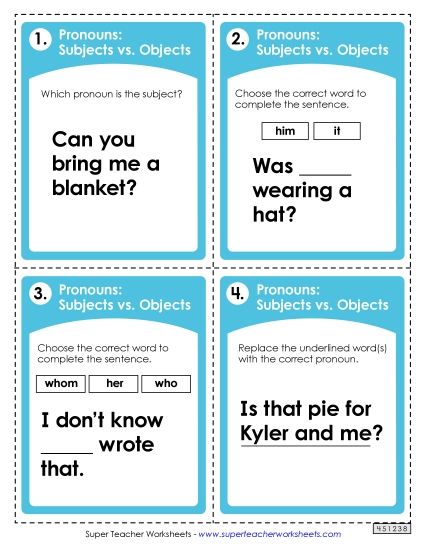 ELA - Pronoun Task Cards: Subjects vs.Objects (Printable PDF Worksheet)