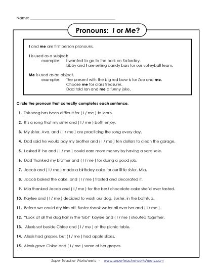 Pronouns <i>I</i> and <i>Me</i> - Pronouns: I and Me (Intermediate) (Printable PDF Worksheet)