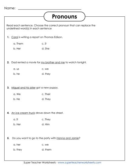 Basic Pronouns - Pronouns: Multiple Choice (Printable PDF Worksheet)