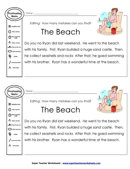 Beginner Editing Passages  (2nd–4th Grade) - Proofreading: Beach (Printable PDF Worksheet)