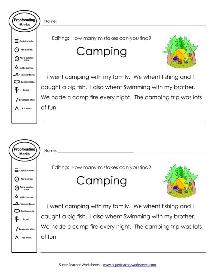 Beginner Editing Passages  (2nd–4th Grade) - Proofreading: Camping (Printable PDF Worksheet)