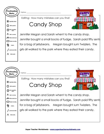 Beginner Editing Passages  (2nd–4th Grade) - Proofreading: Candy Shop (Printable PDF Worksheet)