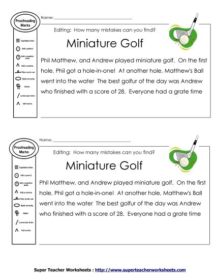 Beginner Editing Passages  (2nd–4th Grade) - Proofreading: Miniature Golf (Printable PDF Worksheet)
