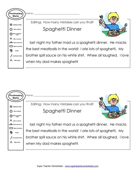 Beginner Editing Passages  (2nd–4th Grade) - Proofreading: Spaghetti (Printable PDF Worksheet)