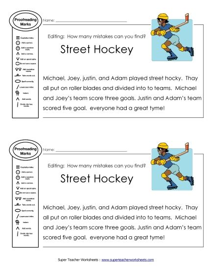 Beginner Editing Passages  (2nd–4th Grade) - Proofreading: Street Hockey (Printable PDF Worksheet)