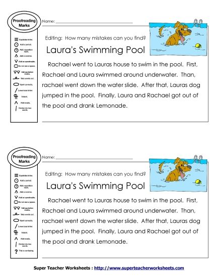 Beginner Editing Passages  (2nd–4th Grade) - Proofreading: Swimming Pool (Printable PDF Worksheet)