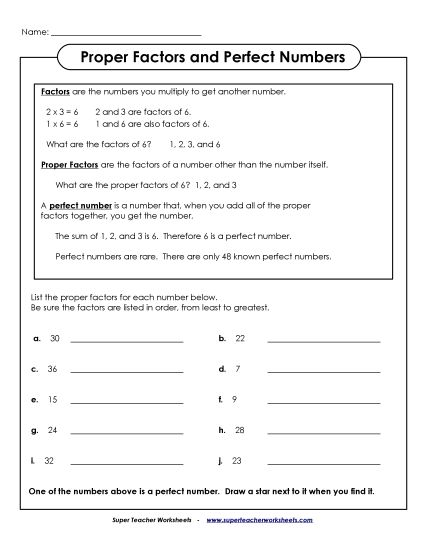 Proper Factors and Perfect Numbers - Proper Factors & Perfect Numbers (Printable PDF Worksheet)