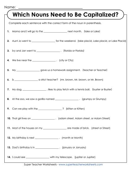 Intermediate Level - Proper Nouns: Which Nouns Need to Be Capitalized? (Printable PDF Worksheet)