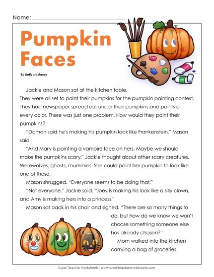 Reading Comprehension Fiction - Pumpkin Faces  (Printable PDF Worksheet)