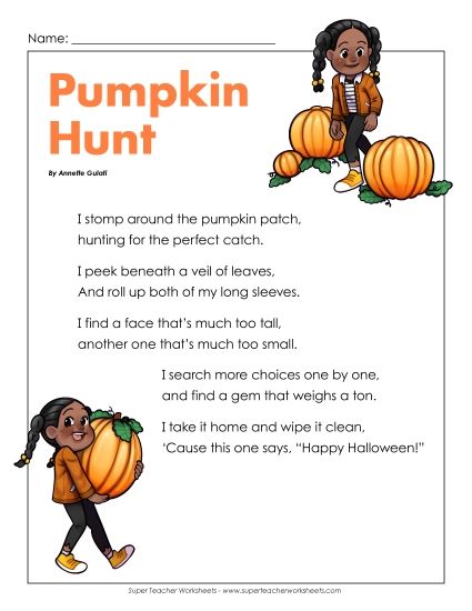 Reading Comprehension Poems - Pumpkin Hunt (Printable PDF Worksheet)