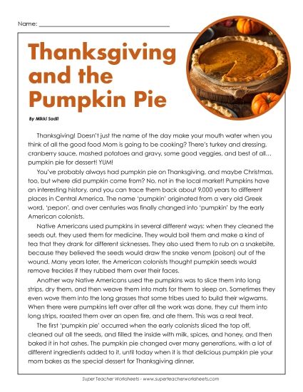 Thanksgiving Reading Comprehension - Pumpkin Pie (Non-Fiction) (Printable PDF Worksheet)