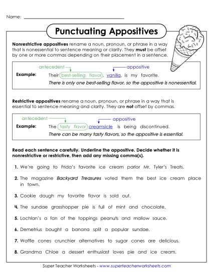 Worksheets - Punctuating Appositives (Printable PDF Worksheet)