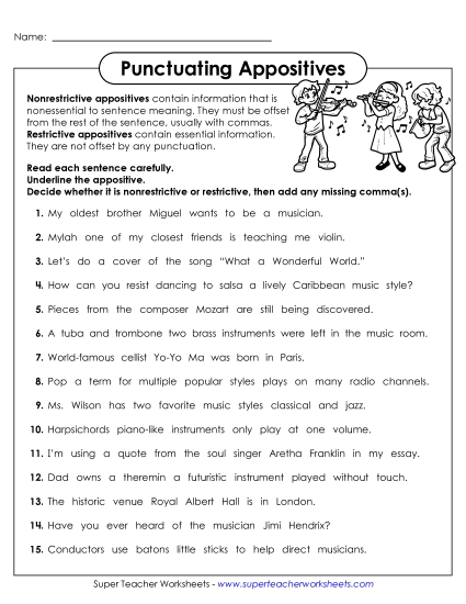 Commas to Offset Non-Essential Information - Punctuating Appositives Worksheet (Printable PDF Worksheet)