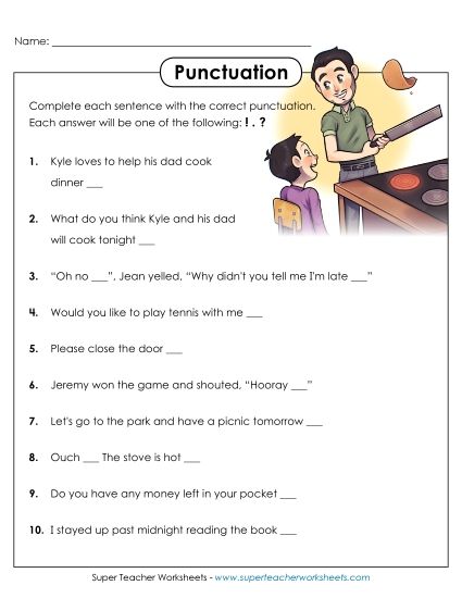 Periods, Question Marks, Exclamation Points - Punctuation Marks (!) (.) (?) (,) (Printable PDF Worksheet)