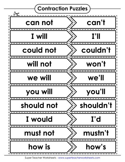 Games - Puzzle Match: Contractions (Printable PDF Worksheet)