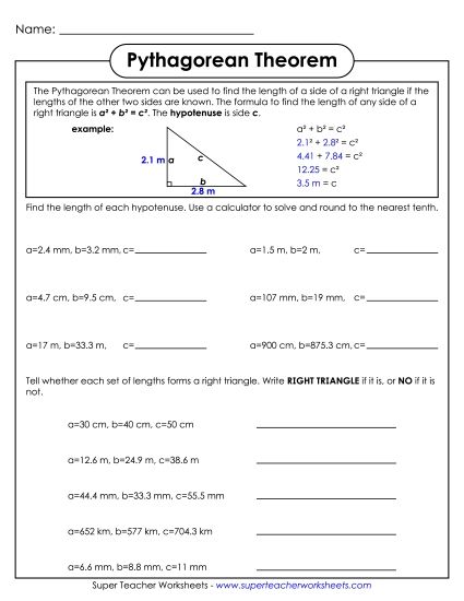 Level: Advanced - Pythagorean Theorem - No Illustrations (#2) (Printable PDF Worksheet)