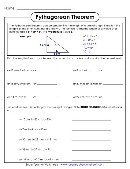 Level: Basic - Pythagorean Theorem - No Illustrations (Printable PDF Worksheet)