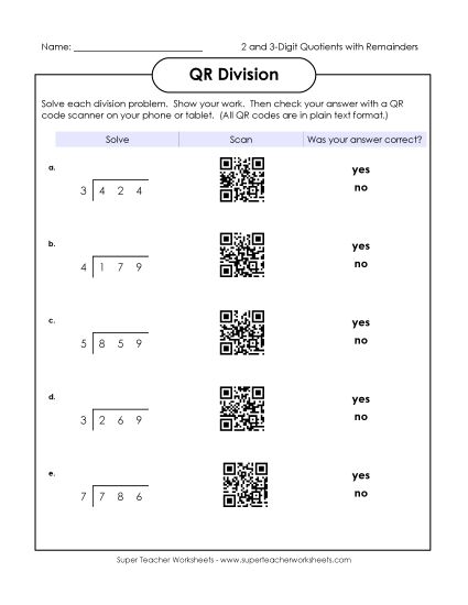 3-Digit Dividends - QR Code Division (Printable PDF Worksheet)