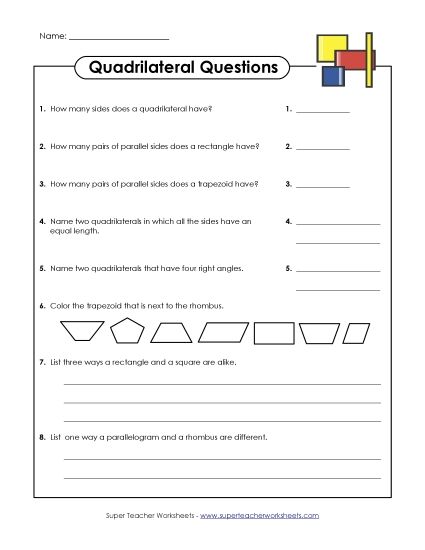 Quadrilaterals - Quadrilateral Questions (Printable PDF Worksheet)