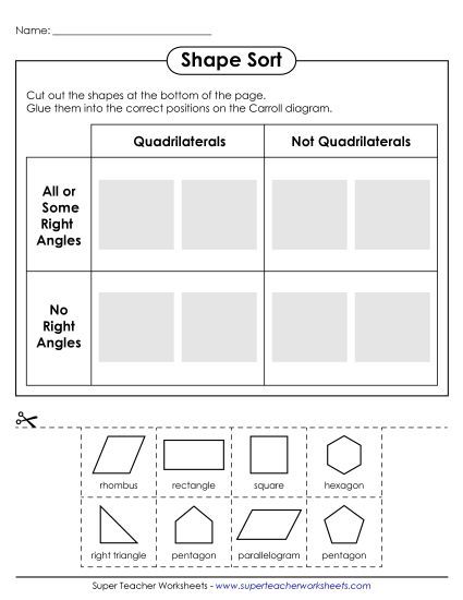 Sorting Shapes - Quadrilateral Sort (Cut and Glue) (Printable PDF Worksheet)
