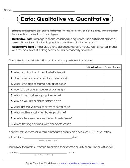 Statistical Questions - Qualitative vs. Quantitative Data (Printable PDF Worksheet)