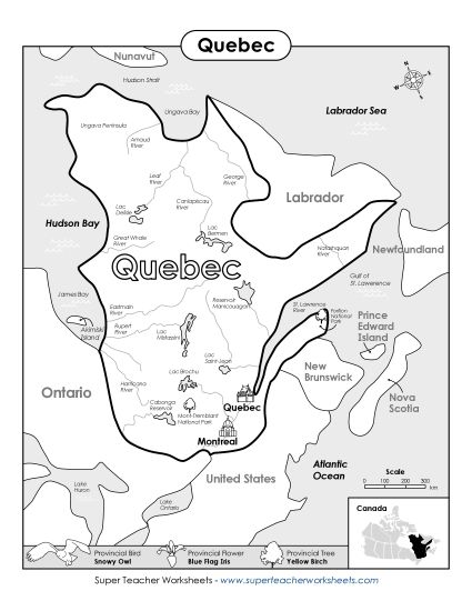 Maps - Quebec Map (Black & White) (Printable PDF Worksheet)