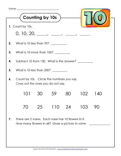 Questions: Counting by 10s (Printable PDF Worksheet)