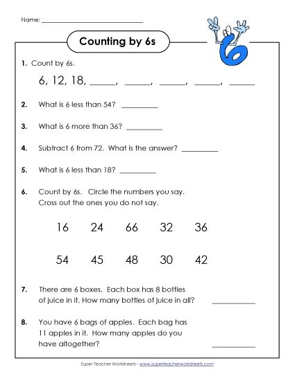 Skip Count by 6s - Questions: Counting by 6s (Printable PDF Worksheet)
