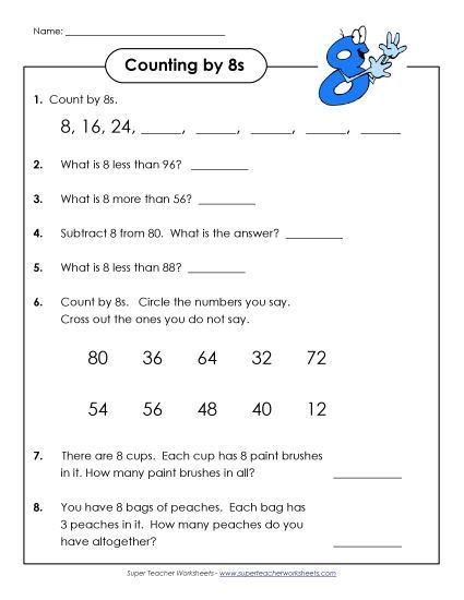 Skip Counting by 8s - Questions: Counting by 8s (Printable PDF Worksheet)
