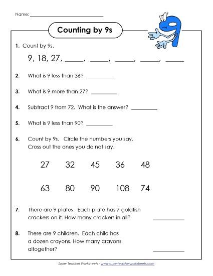 Skip Count by 9s - Questions: Counting by 9s (Printable PDF Worksheet)