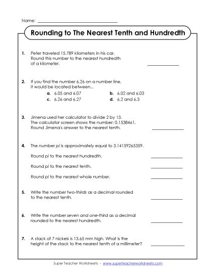 Nearest Tenth, Hundredth, Whole Number (Mixed) - Questions: Rounding  to Tenths & Hundredths (Printable PDF Worksheet)