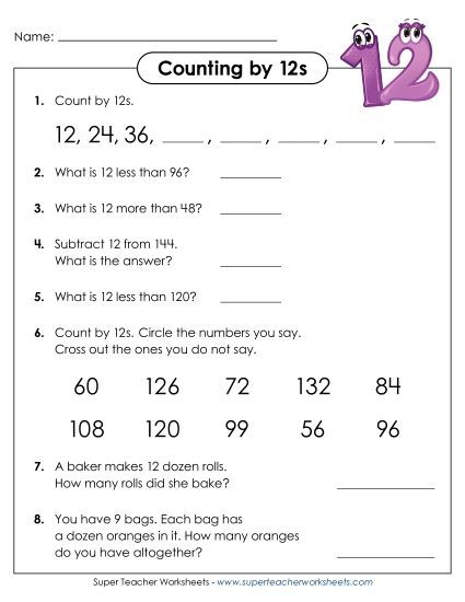 Skip Count By 12s - Questions: Skip Counting by 12s (Printable PDF Worksheet)