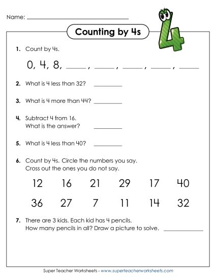 Questions: Skip Counting by 4s (Printable PDF Worksheet)