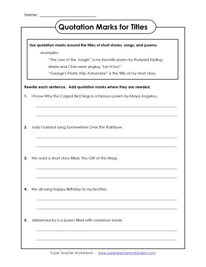 Quotation Marks for Titles - Quotation Marks for Poems, Short Stories, and Songs (Printable PDF Worksheet)