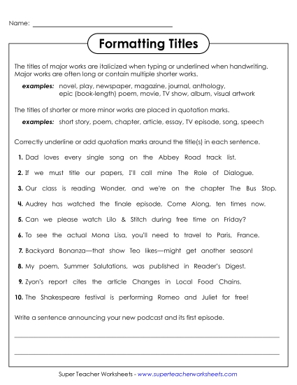 Quotation Marks for Titles - Quotation Marks or Underlining? (Printable PDF Worksheet)