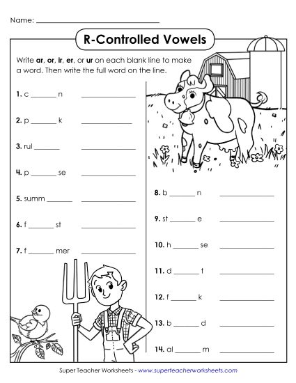 Mixed R-Controlled Vowels - R-Controlled Vowels ar, er, ir, or, ur (Printable PDF Worksheet)