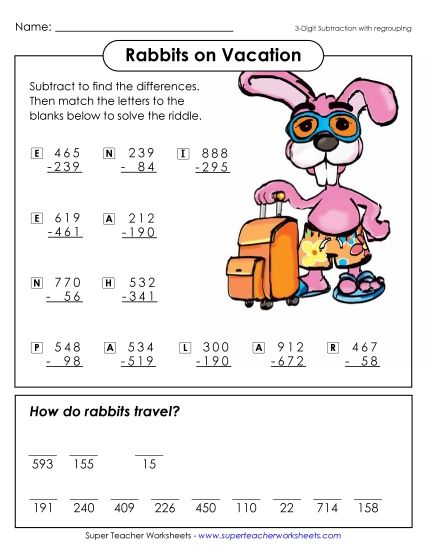 Subtraction - Rabbits on Vacation (3-Digit Subtraction) (Printable PDF Worksheet)