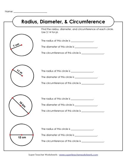 Radius and Diameter (Basic) - Radius, Diameter, and Circumference (Printable PDF Worksheet)