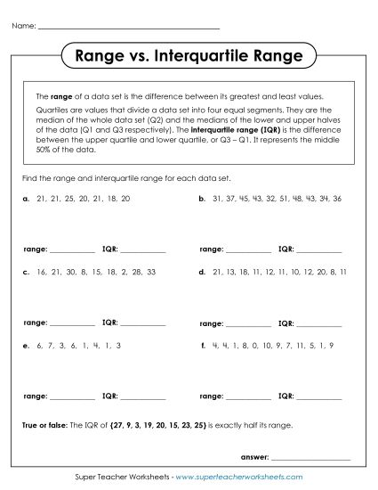 Measures of Variability Only - Range vs. Interquartile Range (Printable PDF Worksheet)